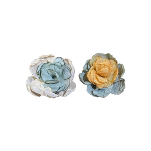 Minimalist asymmetric chiffon flower stud earrings in blue-green and yellow tones
