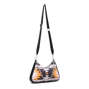 Detailed view of Aztec print shoulder bag featuring geometric patterns and silver chain strap