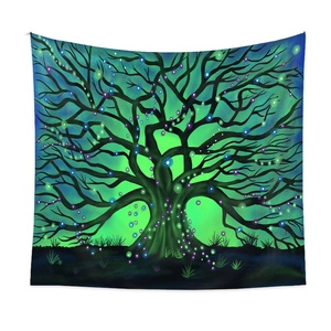 Detail of artistic tree of life tapestry with glowing neon lights on blue fabric