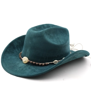 Detail of dark teal faux suede cowboy hat with bohemian shell and bead decorative band