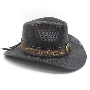 Dark brown straw cowboy hat with embroidered leather band and vintage metal buckle
