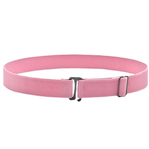 Adjustable pink elastic waist belt for boys and girls with black metal buckles on white background