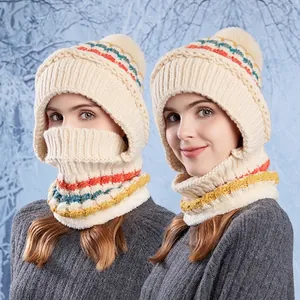 Integrated Winter Balaclava Hat For Women Knitted Acrylic Fleece Lined Thermal Neck Warmer Face Mask With Pom Pom
