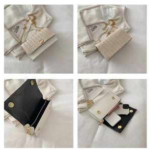 Detail showing woven texture, white leather flap, and interior storage of the crossbody bag