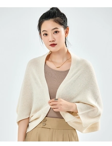 Detail of soft beige knitted cashmere shawl cardigan with high-quality texture