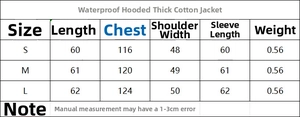 Detailed size guide table for women's hooded waterproof puffer jacket and thick coat
