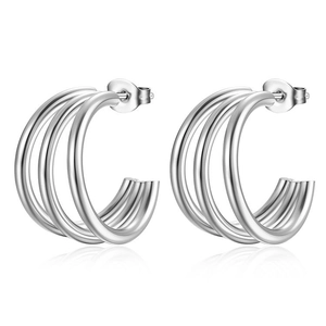 Sleek silver stainless steel multi-layered C-shaped hoop earrings for women