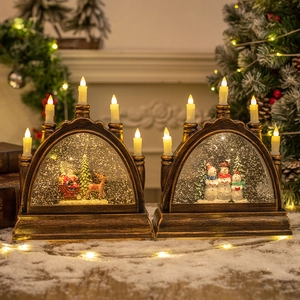Bronze LED Christmas candle lamp with Santa and snowman scene in glitter water globe
