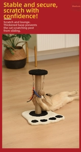 Cat scratching post with sisal rope, paw-shaped plush base and hanging feather toys