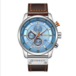 CURREN men's chronograph watch with blue dial, silver case and brown leather strap
