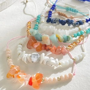 Handmade colorful natural stone beaded bracelet with adjustable woven rope and crystals