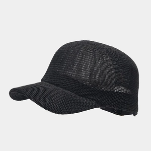 Detail view of breathable black paper straw baseball cap with fine woven mesh texture