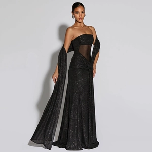Off-Shoulder Sparkling Metallic Evening Gown Slim Fit Sheer Mesh Patchwork Maxi Dress With Matching Neck Scarf For Women
