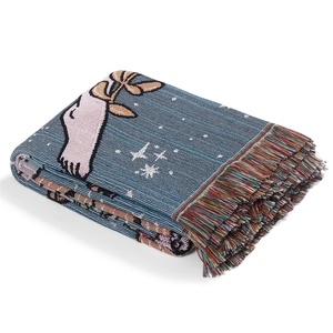 Bohemian picnic blanket with dark blue starry sky and golden feathers with tassels