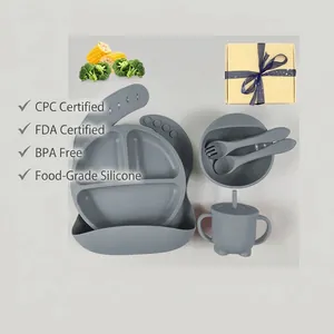 Silicone Baby Feeding Tableware Waterproof Bib Suction Plate Bowl Straw Cup Training Spoon Fork Non-Slip BPA Free