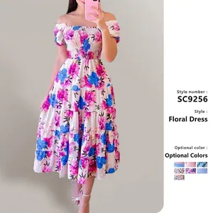 Damen Off Shoulder Midi Kleid Polyester Gummizug Taille Gestuft Saum Blumen Schmetterling Regenbogen Druck Elegant Sommer