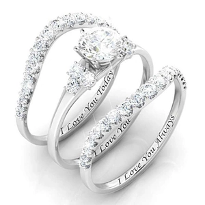 Conjunto de tres anillos de plata con circón redondo y grabados románticos 'I Love You'