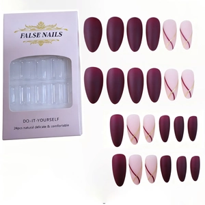 24 matte weinrote und rosa künstliche Nägel in Mandelform mit minimalistischen Linien