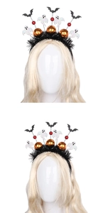Detail of Halloween headband with white ghosts, black bats and colorful glitter balls