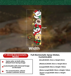 Size chart for Christmas static window stickers featuring cartoon cats, dogs, and bears