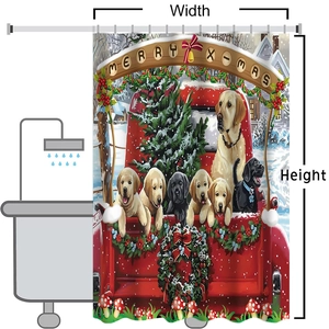 Detailed dimension guide for Christmas shower curtain featuring dogs on a red truck