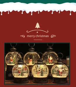 Detailed view of six vintage bronze Christmas lanterns with snow globe water features