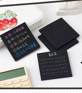 Post-it quadrati neri con scritte in penna neon su una scrivania da ufficio minimalista