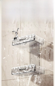Detail showing waterproof dual-layer wall shelf with wavy texture and mirror rabbit icon