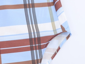 Close-up of blue and white checkered shirt dress fabric showing cotton linen texture