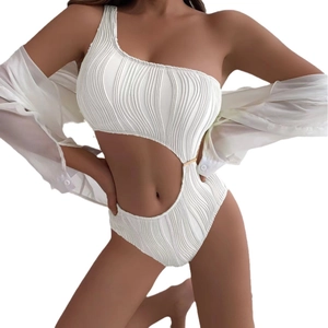 White ribbed one-shoulder cutout swimsuit with gold metal ring and sheer beach cover-up