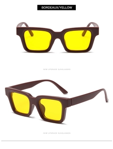 Detail of square bordeaux frames with yellow lenses and new upgrade design text