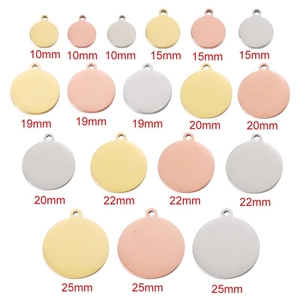 Polished stainless steel round tags in gold, silver, and rose gold with various sizes
