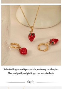 Detail of strawberry jewelry set with red enamel and real gold PVD plating finish