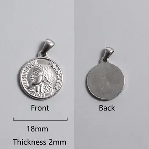 Detail showing an 18mm silver coin pendant with Roman relief and 2mm thickness