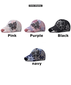 Lace baseball hats with floral patterns and butterfly rhinestone details in four colors