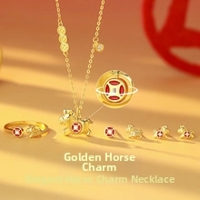 Detailed set of S925 silver zodiac horse necklace and ring with rotatable coin pendant