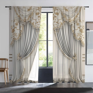 Detail of luxury European beige curtains with gold floral embroidery and valance tassels