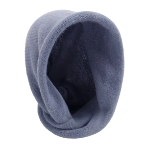 Detailed top view of grey-blue knitted scarf hood showing neck warmer texture and interior
