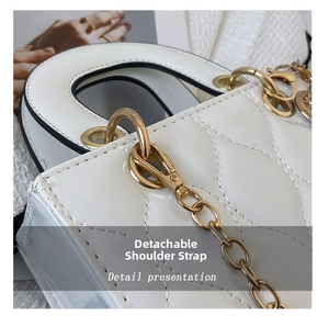 Detail shot of white patent leather lady bag featuring diamond quilting and gold hardware