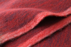 Macro view of red cashmere-like fabric showing thick texture and tassel edge detail