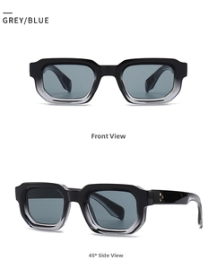 Detail view of rectangular sunglasses with grey-blue gradient frames and gold star rivets