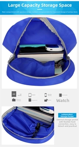 Detail view of large capacity waterproof backpack with removable pouch and A4 storage