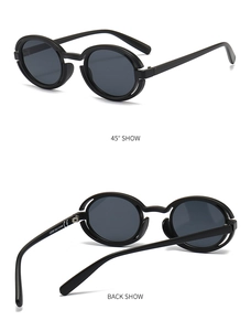 Dual-view of punk oval sunglasses showing 45-degree angle and back with UV400 detail