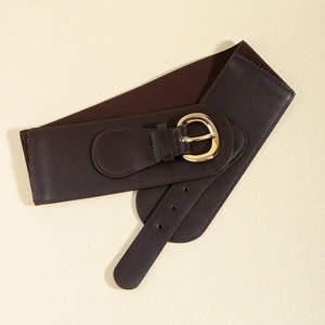 Wide dark brown elastic waist belt with gold round buckle for coats and dresses