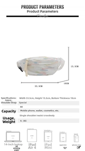 Detail view of white crossbody bag with size chart and 33.5x15.5x10cm dimensions