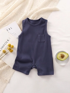 Navy blue sleeveless ribbed cotton infant romper with snap closures for newborns