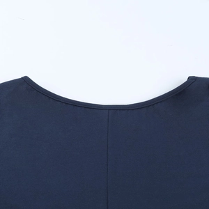 Detailed close-up of dark blue knit neckline with smooth stitching and fine texture