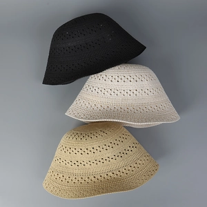 Hollow knit bucket hats for women in black, beige, and khaki with breathable design