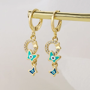 18K gold plated geometric hoop earrings with evil eye butterfly and star charms