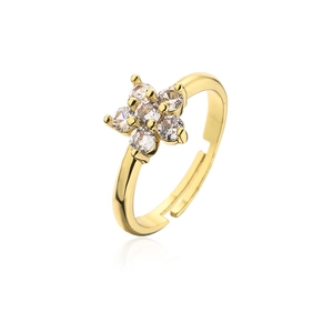 18K gold plated flower ring with cubic zirconia stones and adjustable open band design